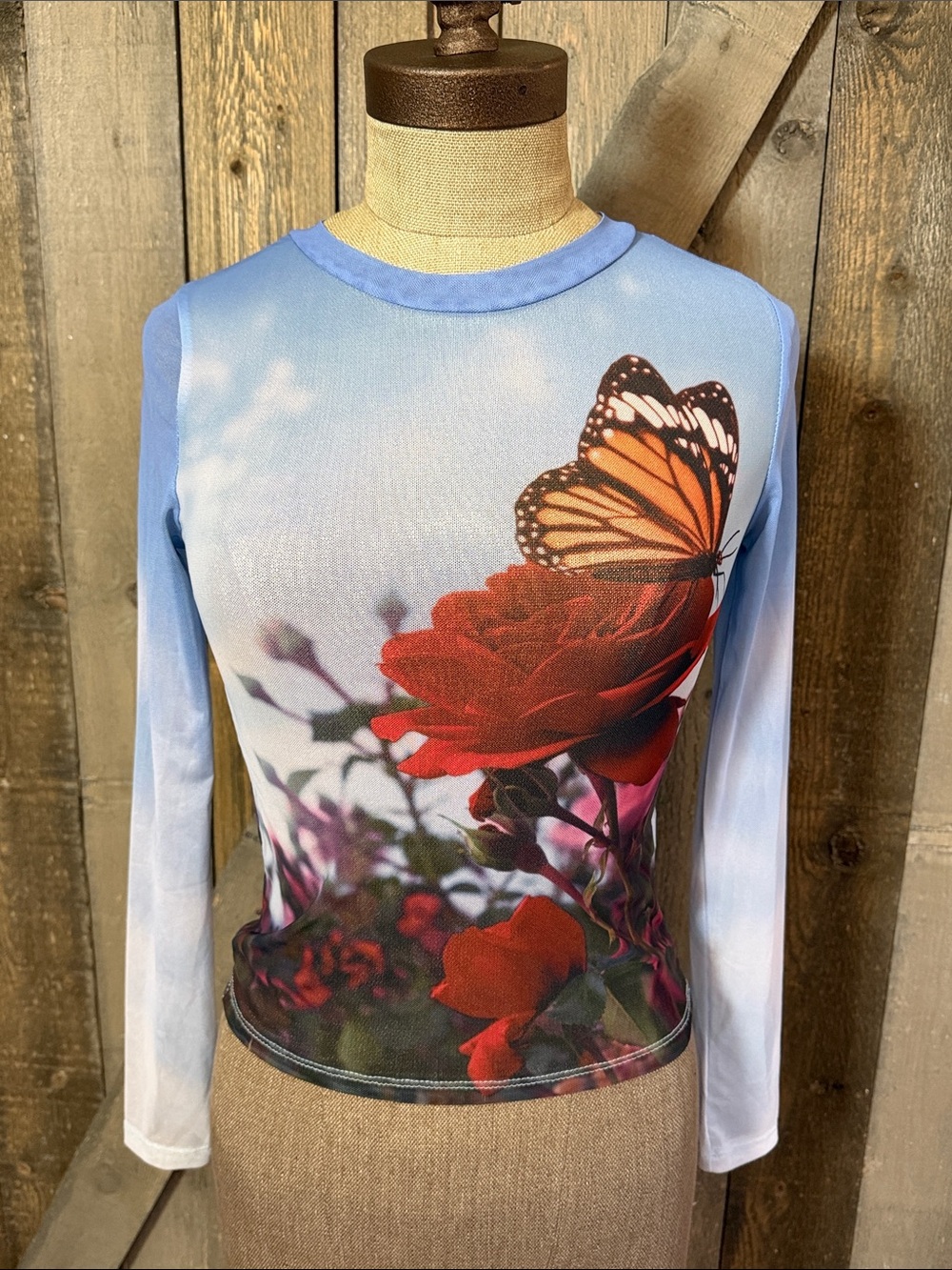 dELiA*s Dolls Kill Y2K Sheer Mesh Butterfly Rose Graphic Stretch Crop Top XS